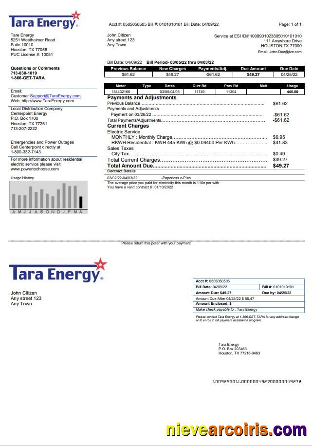 USA Texas Tara Energy utility bill
